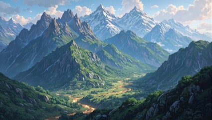 Majestic gemstone peaks and golden rivers in lush valleys
