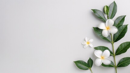 Fototapeta premium White Frangipani Flowers and Green Leaves on Light Background, Minimalist Botanical Layout with Copy Space for Nature, Spa, and Floral Decor Themes