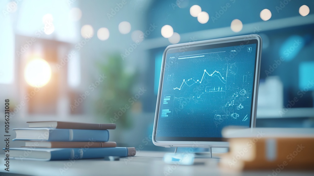Poster a modern workspace featuring a computer display with analytics graphs, surrounded by books and natur