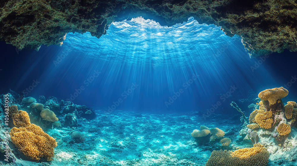 Poster bright sunlight streams through an underwater cave, highlighting colorful corals and creating a tran