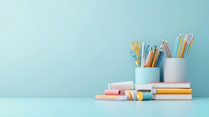 Colorful stationery supplies arranged neatly on a pastel blue background, perfect for office and school settings.