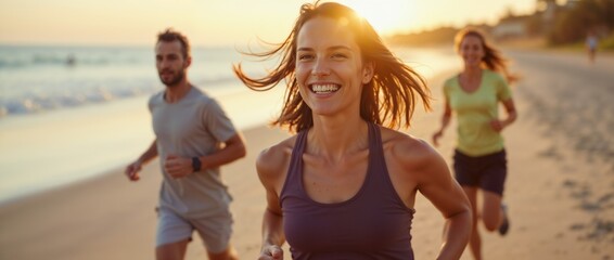 A group of happy individuals running along the beach at sunset, emphasizing fitness, joy, and a healthy lifestyle. The warm sun enhances the energetic and lively atmosphere.

