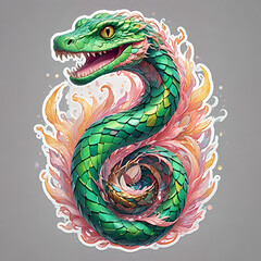 A vibrant green dragon snake coiled among colorful flames and splashes