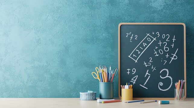 A colorful classroom scene featuring a chalkboard with math equations, art supplies, and a calming teal background.