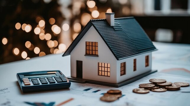 A detailed model house sits on financial charts with graphs, accompanied by a calculator, showcasing architectural planning and budgeting.