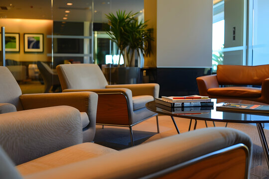 Modern lounge area with elegant furniture and greenery in a contemporary building setting
