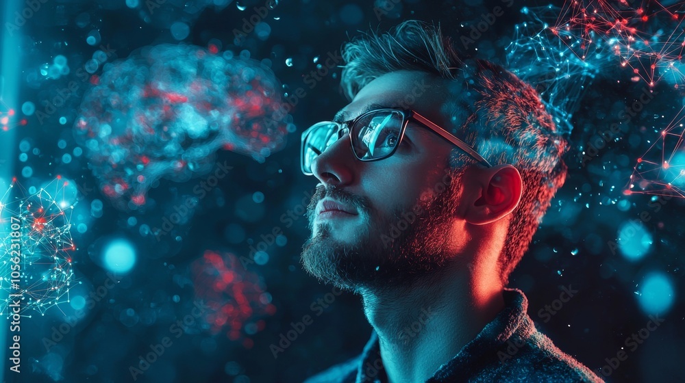 Poster man in glasses exploring digital connections and neural networks