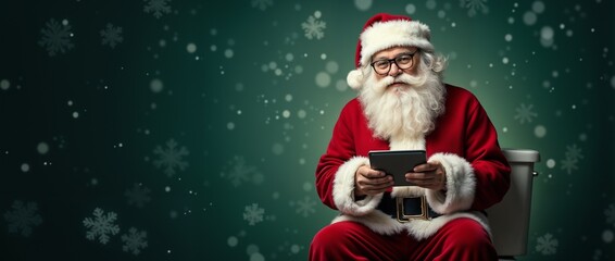 Funny and modern depiction of Santa Claus sitting on a toilet, using a tablet with a festive green background. Captures the blend of tradition and technology during the Christmas holiday.