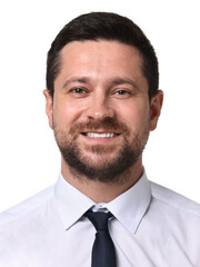 Passport photo of man on white background