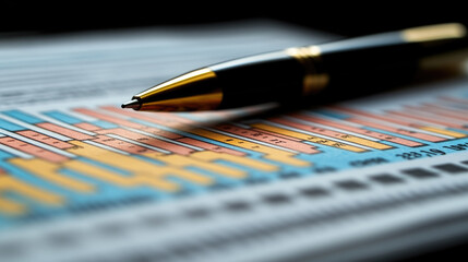 Detailed financial charts with vibrant colors and a pen on top, showcasing data analysis and reporting techniques