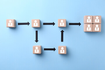Human resource. Scheme of wooden cubes with human icons on light blue background, top view