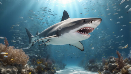 Obraz premium A stunning, dynamic image of a shark swimming powerfully through an underwater reef, surrounded by schools of fish