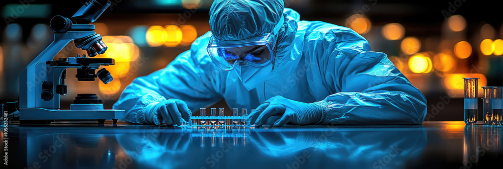 Poster a scientist dressed in protective clothing analyzes samples under a microscope while working in a la