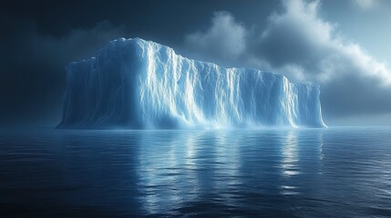 Majestic iceberg floating in calm Arctic waters under moody skies, frozen landscape, dramatic ice formation, glacial scenery, natural wonder, cold ocean, remote nature, climate change, environment