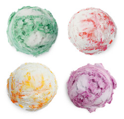 Ice cream balls of different flavors isolated on white background
