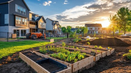 Fototapeta premium A community garden in a new development with rows of raised beds and a tractor in the background at sunset.