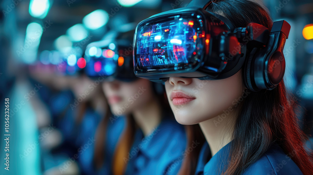 Poster people are fully immersed in a virtual reality setup, exploring digital environments and simulations