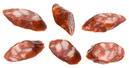 Dry smoked sausage pieces isolated on white, collage