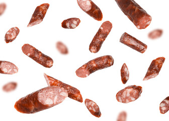Dry smoked sausage pieces in air on white background, collage