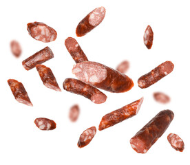 Dry smoked sausage pieces in air on white background, collage