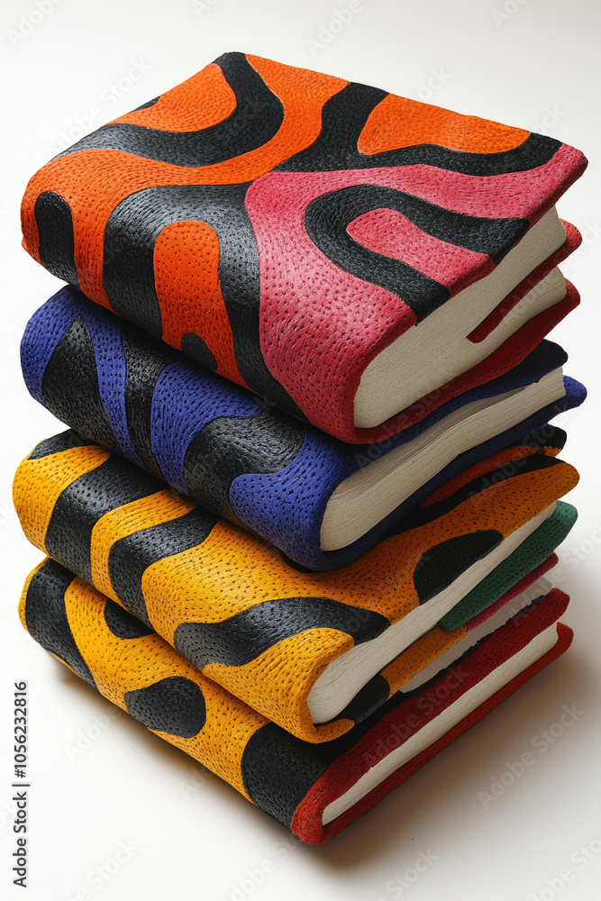 Poster four uniquely designed books are stacked, featuring vivid colors and textured patterns that create a