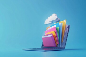 Colorful cloud storage concept emerging from a laptop against a blue background, illustrating digital data management