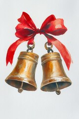 Festive Golden Bells Tied with Red Ribbon in Watercolor Art Depiction of Classic Holiday Symbol Christmas Inspiration Concept