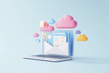 Colorful cloud storage concept emerging from a laptop against a blue background, illustrating digital data management