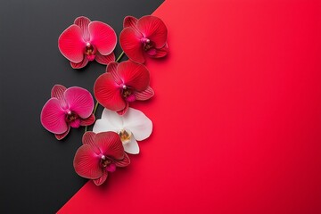 An abstract background featuring bold red and black color blocking with a cluster of orchids in varying shades of red and white
