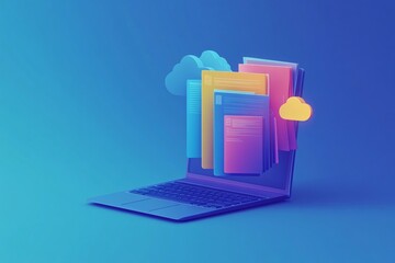 Colorful cloud storage concept emerging from a laptop against a blue background, illustrating digital data management