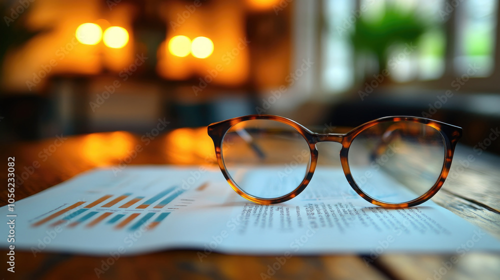 Poster stylish eyeglasses are placed on a report featuring colorful graphs, illuminated by warm lighting in