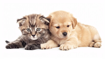 Obraz premium Cute little kitten cat and cute puppy dog together isolated on white background