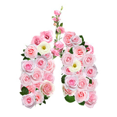 Asthma. Shape of lungs made with flowers on white background
