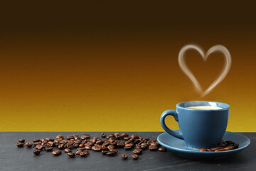 Fresh aromatic coffee and beans on table, space for text. Steam in shape of heart over cup