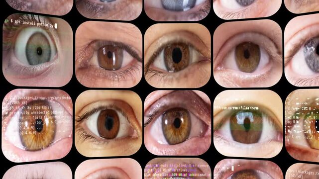 hanging eyes from different people made into television screen wall pattern