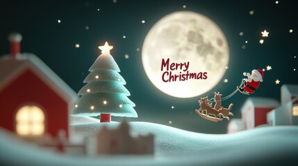 merry christmas! Santa clausand christmas tree celebrating christmas eve under the moon moon