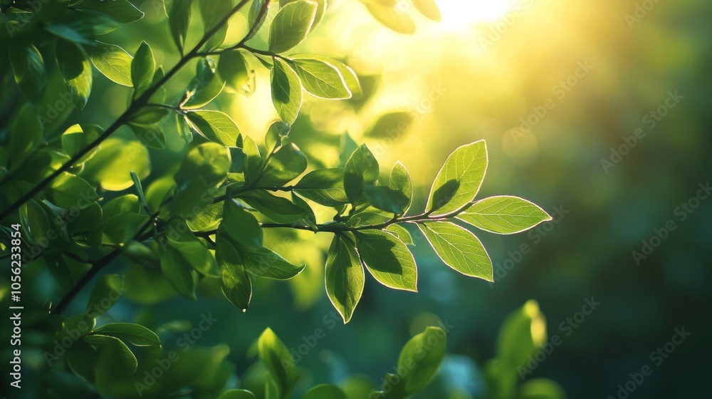 Canvas Prints sunlit leaves on a tree branch in a serene forest