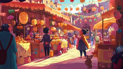 A bustling street market with colorful stalls, lanterns, and people shopping.