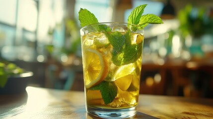 A refreshing glass of iced green tea garnished with mint leaves and lemon, perfect for a warm sunny day.
