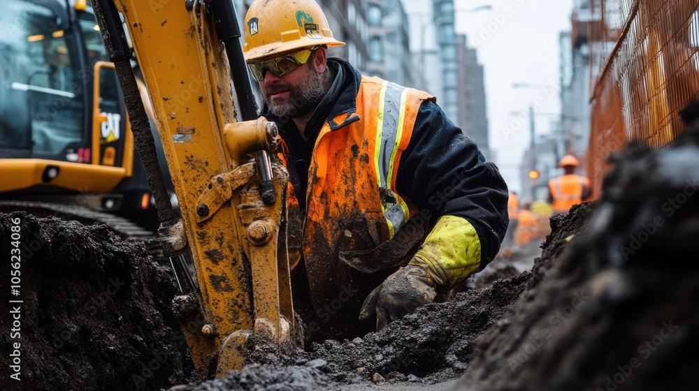 Poster a close-up of a construction worker operating a backhoe loader,