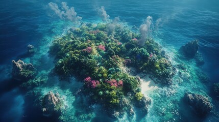 Fototapeta premium Aerial view of a hidden island surrounded by coral reefs, showcasing the diverse marine life and vibrant underwater ecosystem.