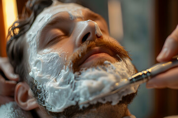 Relaxing traditional shaving experience at a vintage barbershop in the early evening