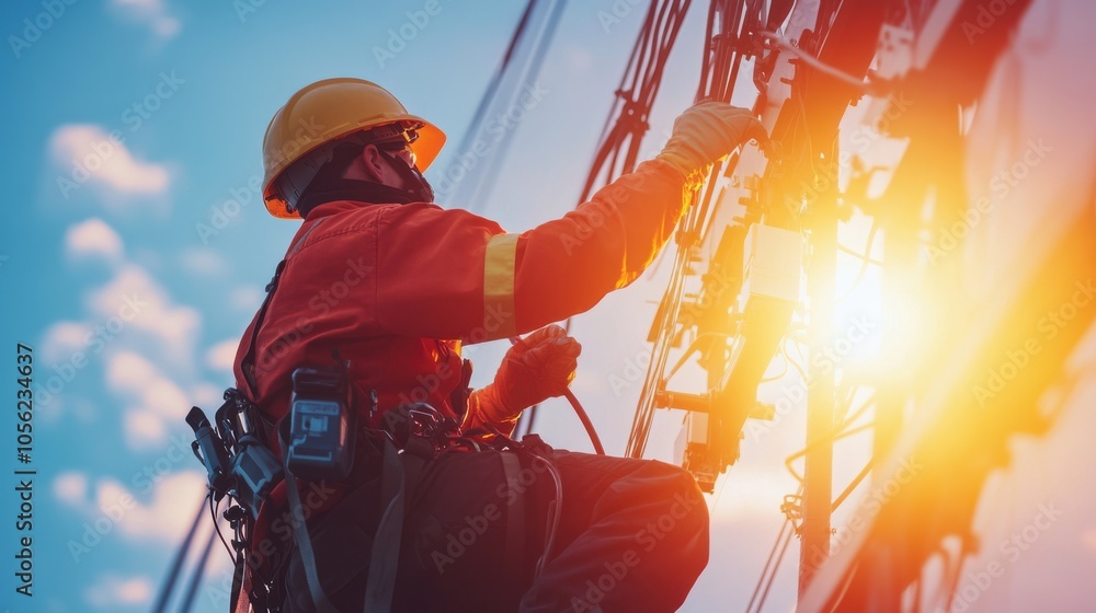 Poster a close-up of a technician installing advanced sensors on a high-voltage power line