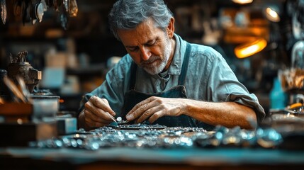 Artistic representation of a jeweler at work, crafting a unique piece, showcasing the skill and creativity involved in jewelry making.