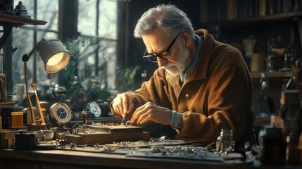 Artistic representation of a jeweler at work, crafting a unique piece, showcasing the skill and creativity involved in jewelry making.