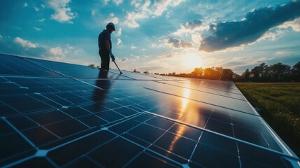A close-up of a solar panel being cleaned and maintained by workers at a renewable