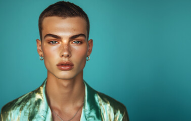  fashionable young man wearing makeup and earrings, posing confidently against a vibrant turquoise backdrop -transgender model