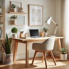 A cozy, Scandinavian-style home office setup for remote work. The workspace features a light wood desk, a simple laptop, and minimalist decor