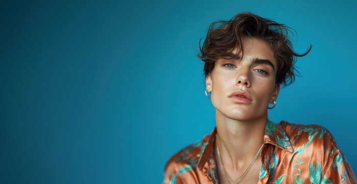  fashionable young man wearing makeup and earrings, posing confidently against a vibrant turquoise backdrop -transgender model - Powered by Adobe