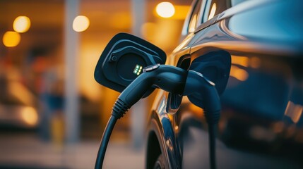 A close-up of an electric car charging station, the charging cable connected